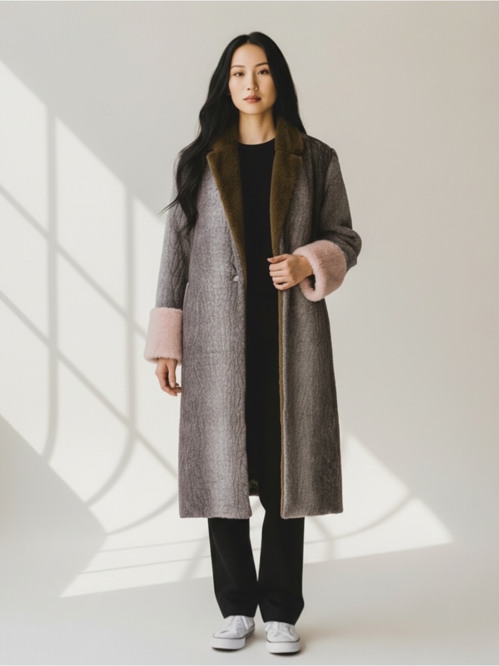 Hutch Boho Colorblock Grey Green Pink Long Faux Fur Trench Coat Jacket - Large